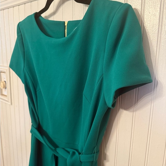 Calvin Klein Green Ruffle Tulip Hem Belted Dress Size 10 - Picture 2 of 6